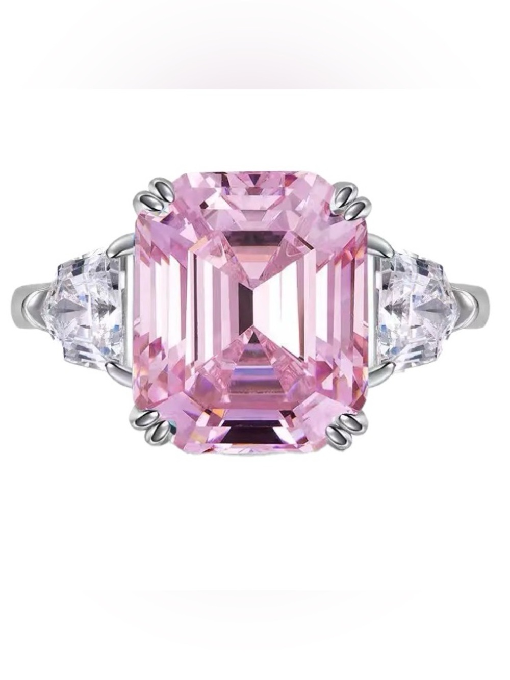 Lab-Grown Pink Sapphire Ring - S925 Emerald-Cut Three-Stone Ring